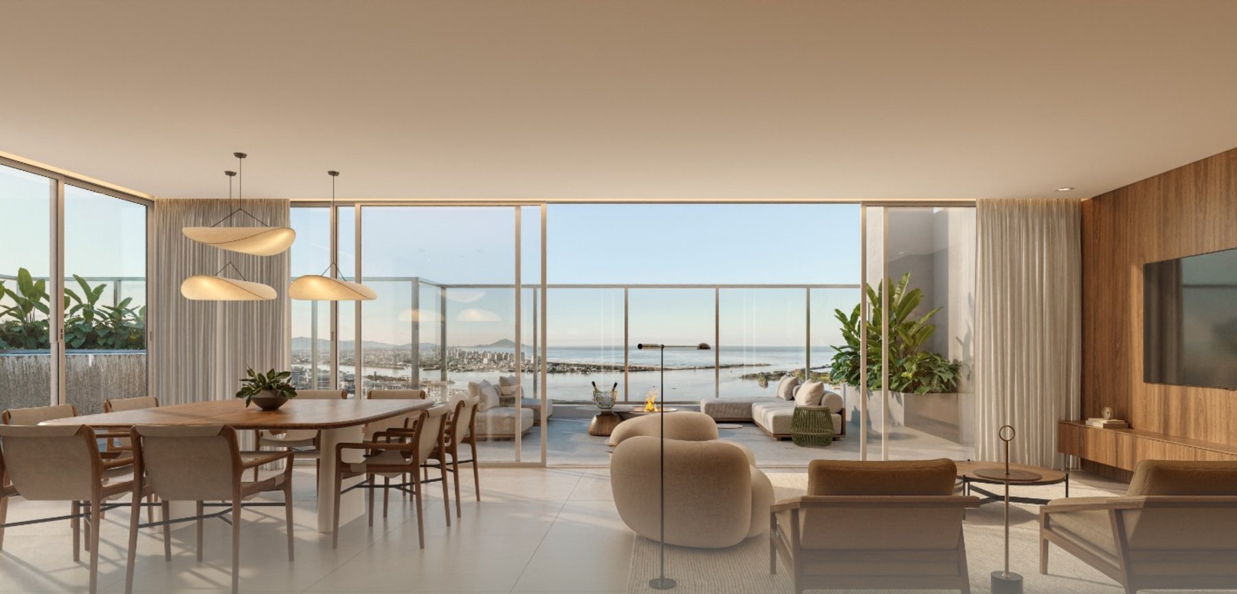 Perspectiva artística do living da cobertura duplex, com pé-direito alto e amplas aberturas para a paisagem