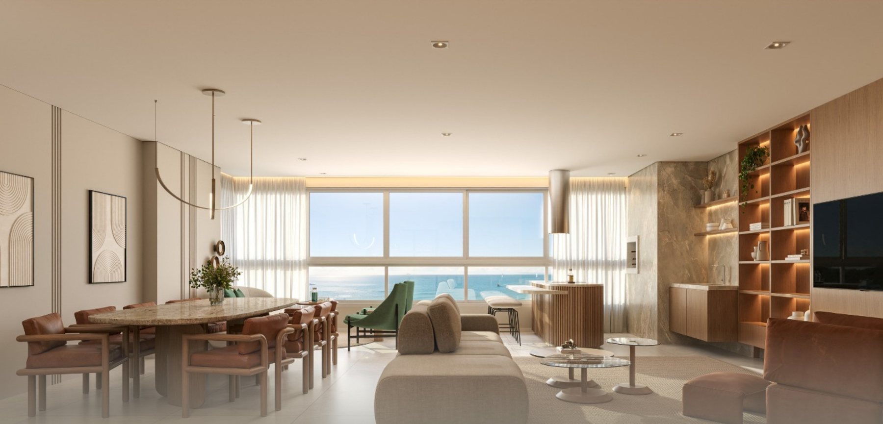 Perspectiva artística do living integrado de um apartamento do Pátio Beira Rio, com sacada gourmet e vista para a cidade