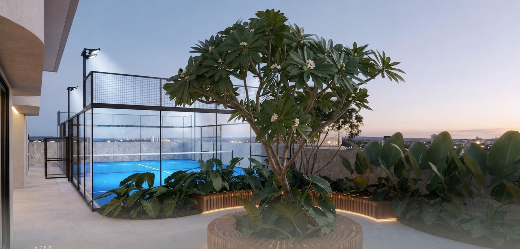 Perspectiva artística: Quadra de padel — área de lazer do Pátio Beira Rio