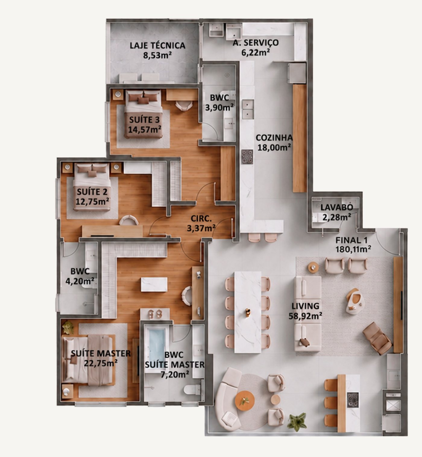 Planta humanizada do final 1 da Torre Figueira, com 180,11 m² e três suítes