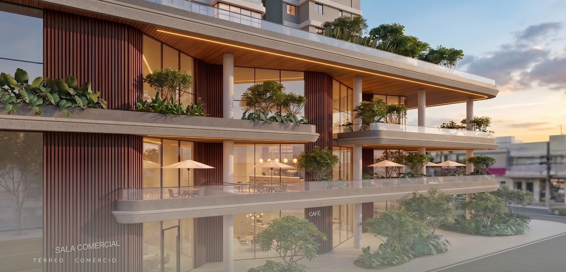 Perspectiva artística das salas comerciais no térreo, previstas para restaurantes e cafés