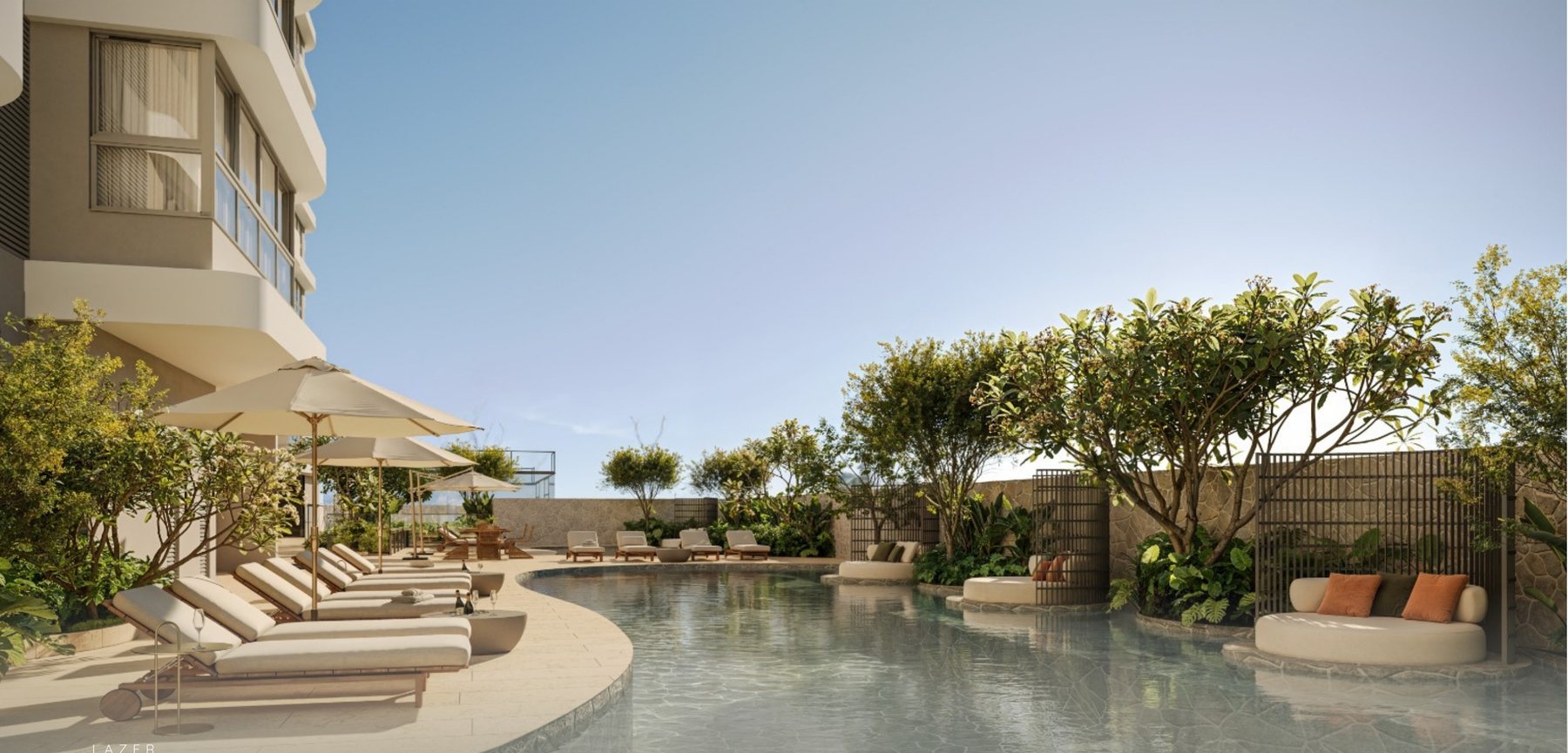 Perspectiva artística: Piscina adulto – 270 m² — área de lazer do Pátio Beira Rio